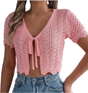 HGps8w Women's Knitted Hollow Cropped Cardigans, Sexy Split Tie Front Short Sleeve Coverups Shirts Sun Protection Beach Tops