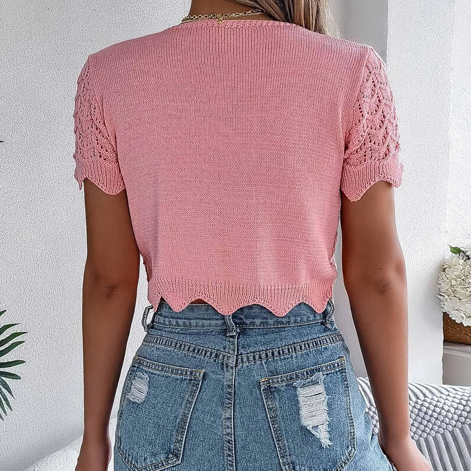 HGps8w Women's Knitted Hollow Cropped Cardigans, Sexy Split Tie Front Short Sleeve Coverups Shirts Sun Protection Beach Tops