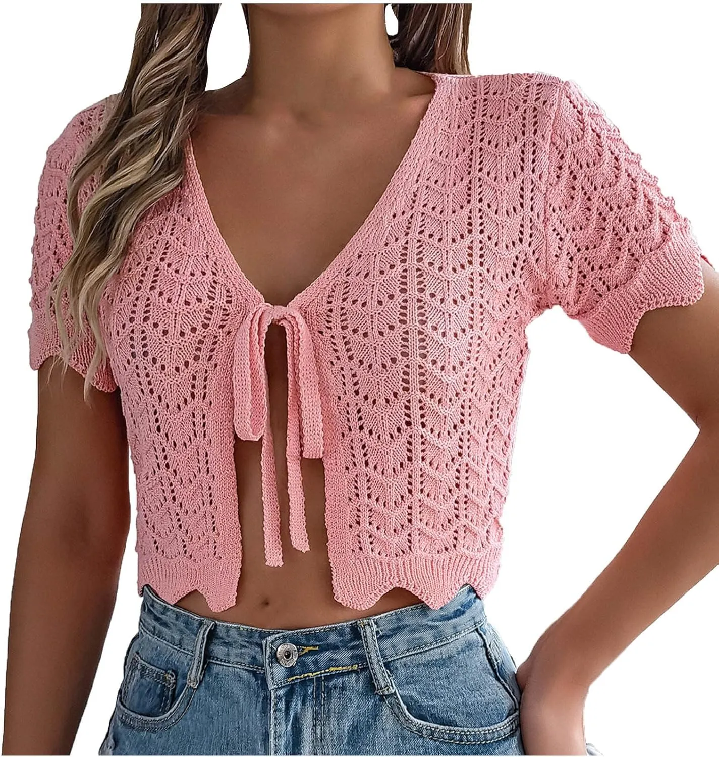 HGps8w Women's Knitted Hollow Cropped Cardigans, Sexy Split Tie Front Short Sleeve Coverups Shirts Sun Protection Beach Tops
