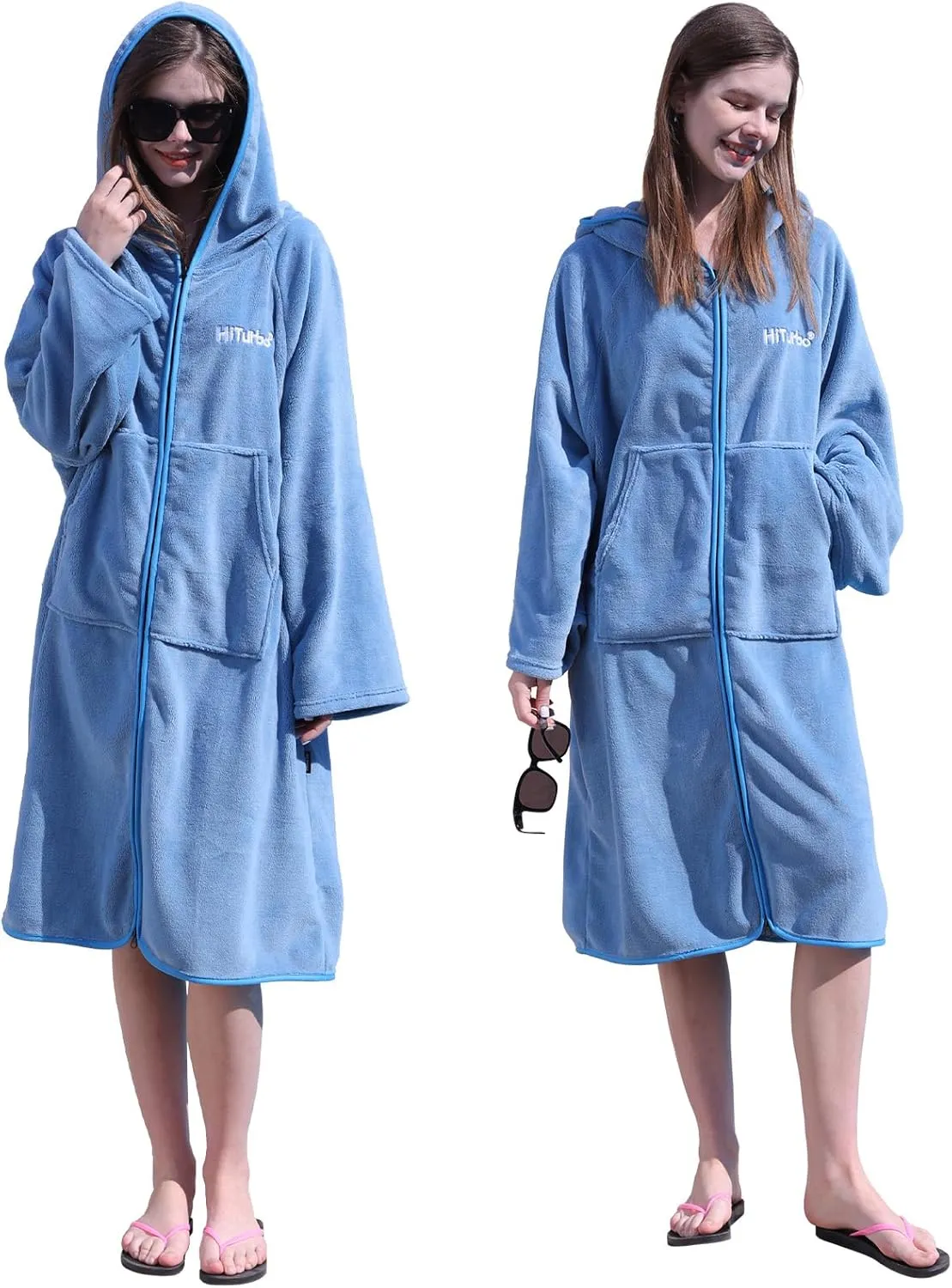 Hiturbo Surf Poncho Zipper Towel Hoodie: Oversized Hooded Wetsuit Changing Robe with Pocket - Plush Coral Fleece Swimwear for Home Beach Pool Bath - Blue