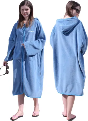Hiturbo Surf Poncho Zipper Towel Hoodie: Oversized Hooded Wetsuit Changing Robe with Pocket - Plush Coral Fleece Swimwear for Home Beach Pool Bath - Blue
