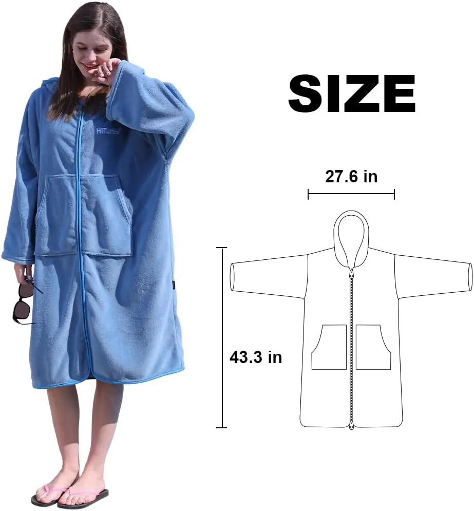 Hiturbo Surf Poncho Zipper Towel Hoodie: Oversized Hooded Wetsuit Changing Robe with Pocket - Plush Coral Fleece Swimwear for Home Beach Pool Bath - Blue