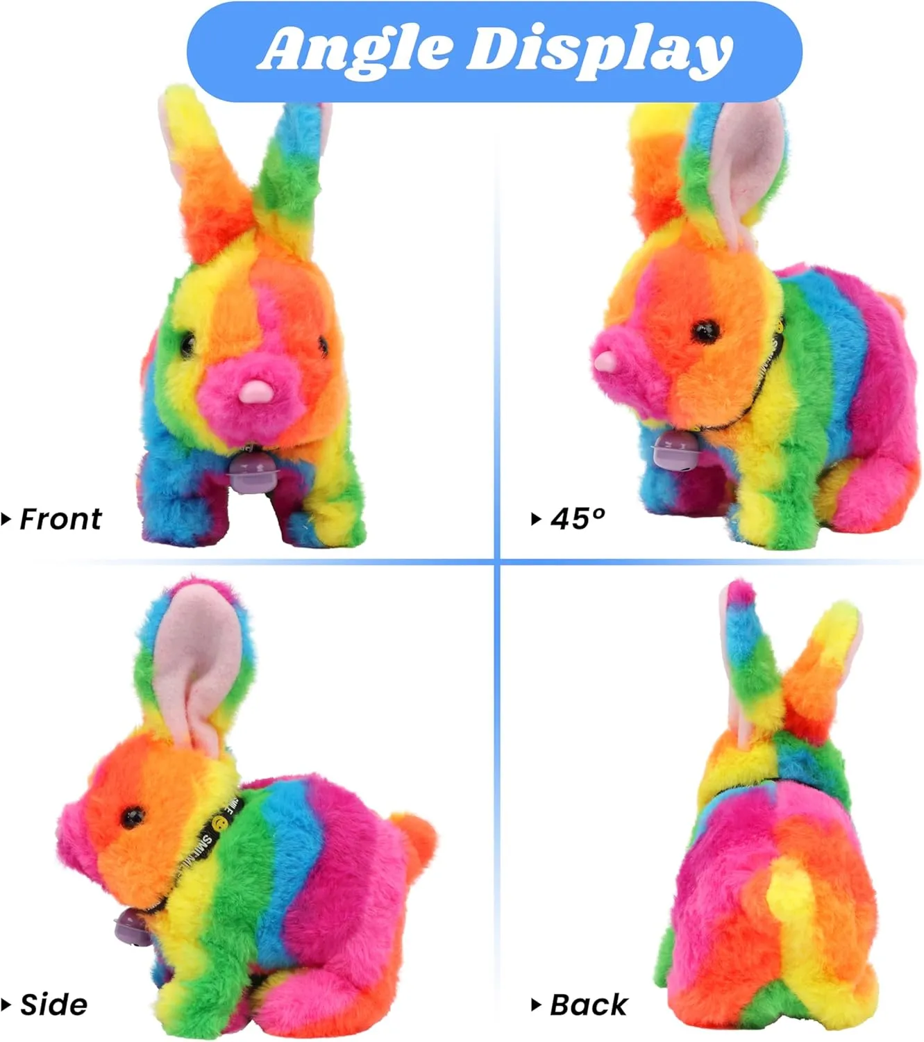 Hopearl Hopping Rabbit with Bell Interactive Electronic Pet Plush Bunny Toy with Sounds and Movements Animated Walking Wiggle Ears Twitch Nose Gift for Toddlers Birthday, Rainbow, 7''