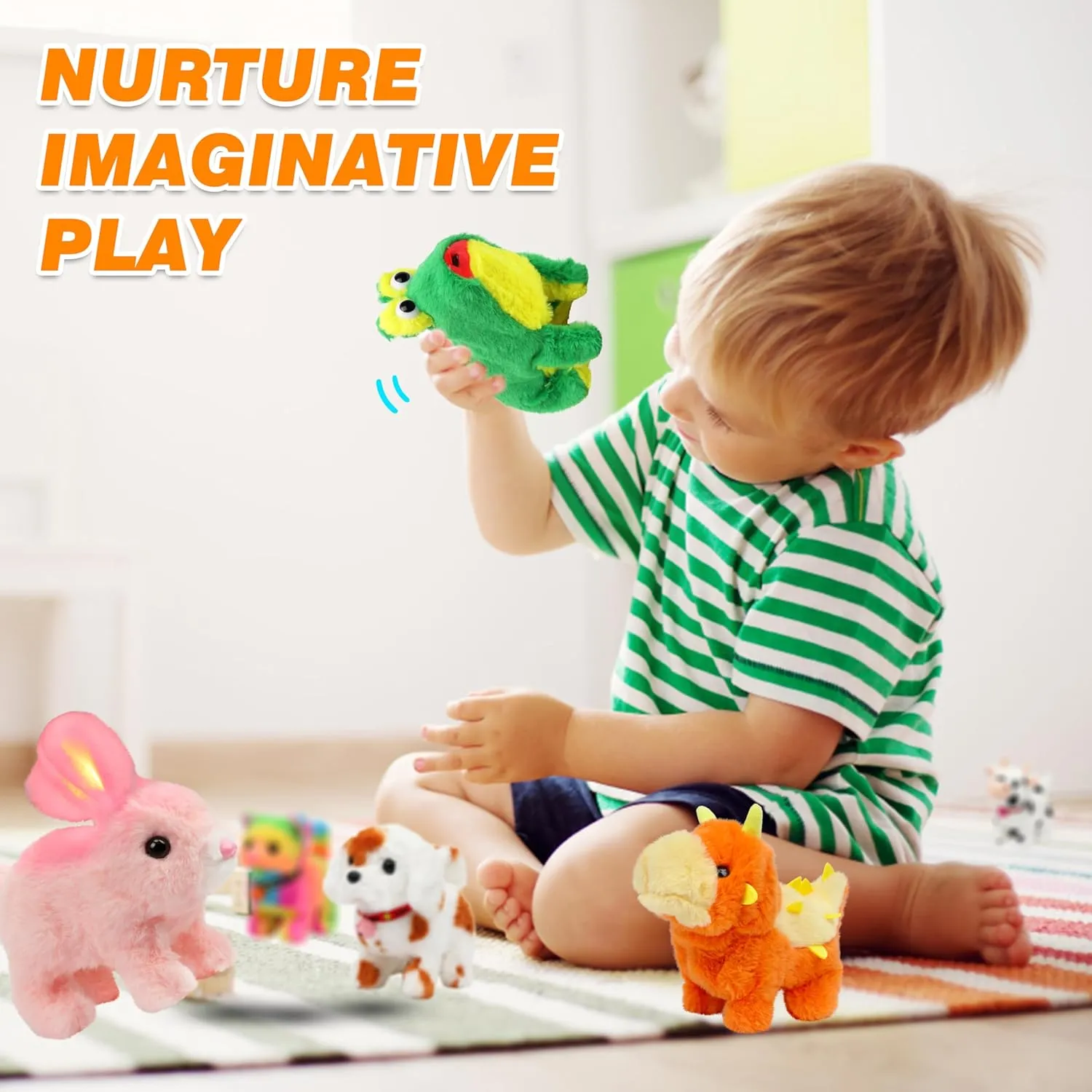 Hopearl Hopping Rabbit with Bell Interactive Electronic Pet Plush Bunny Toy with Sounds and Movements Animated Walking Wiggle Ears Twitch Nose Gift for Toddlers Birthday, Rainbow, 7''