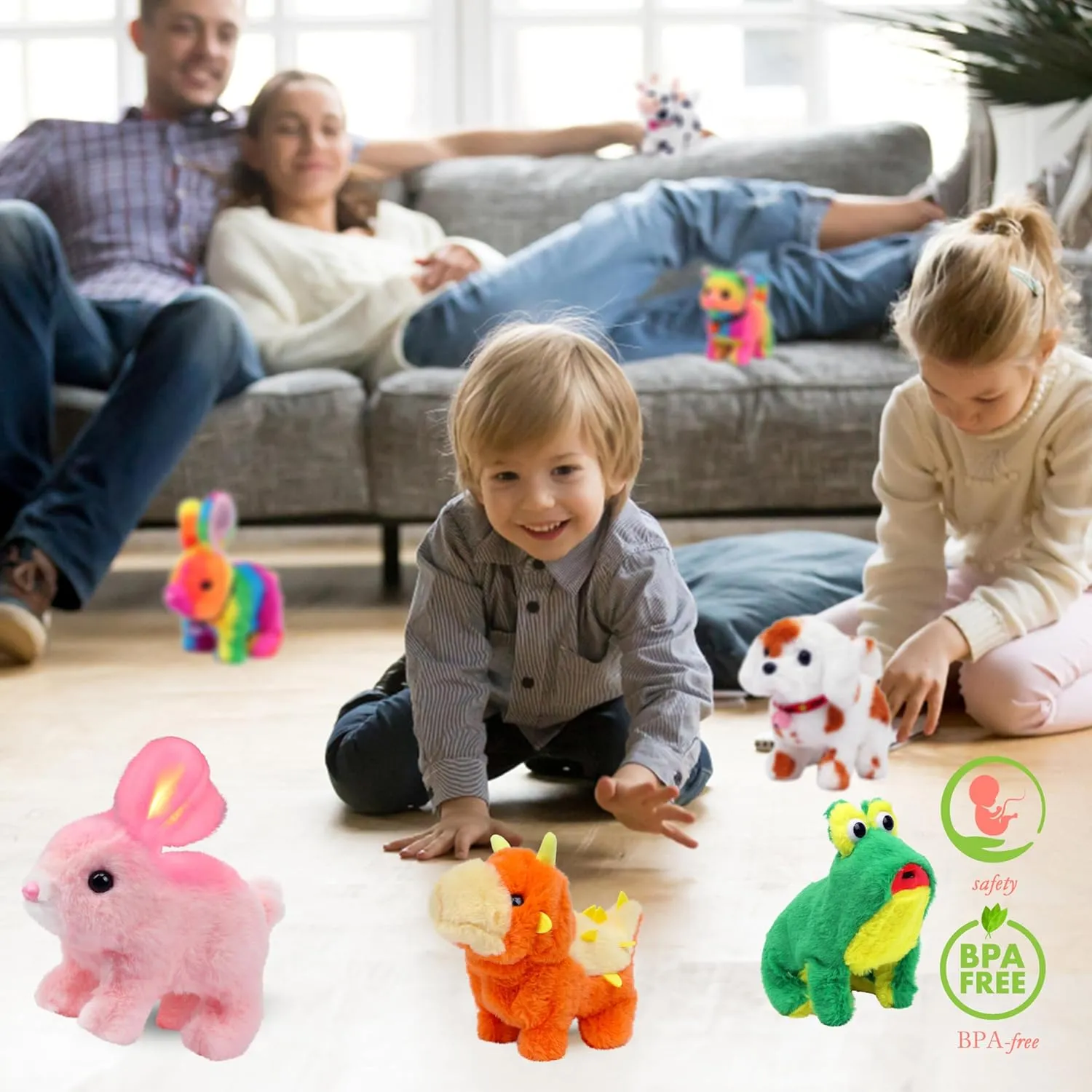 Hopearl Hopping Rabbit with Bell Interactive Electronic Pet Plush Bunny Toy with Sounds and Movements Animated Walking Wiggle Ears Twitch Nose Gift for Toddlers Birthday, Rainbow, 7''
