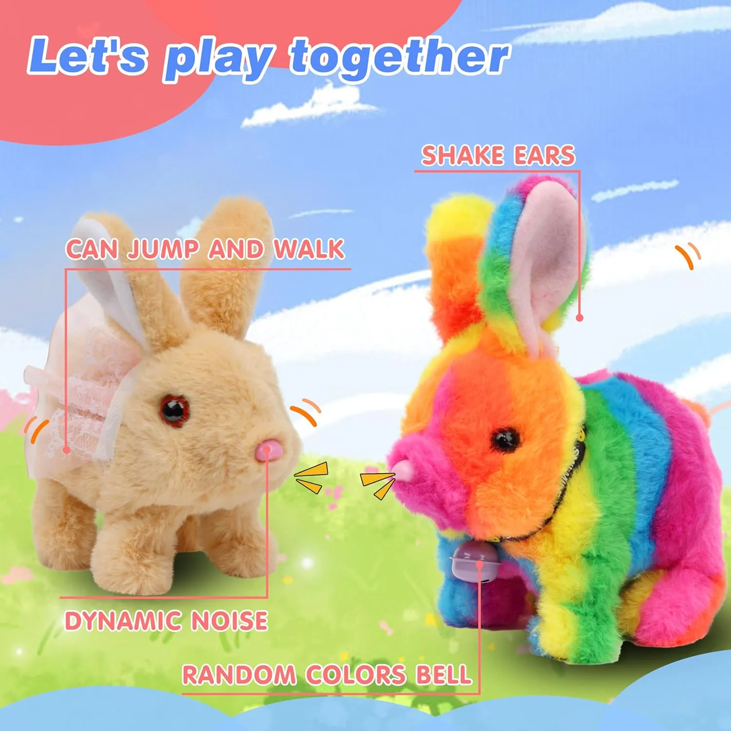 Hopearl Hopping Rabbit with Bell Interactive Electronic Pet Plush Bunny Toy with Sounds and Movements Animated Walking Wiggle Ears Twitch Nose Gift for Toddlers Birthday, Rainbow, 7''