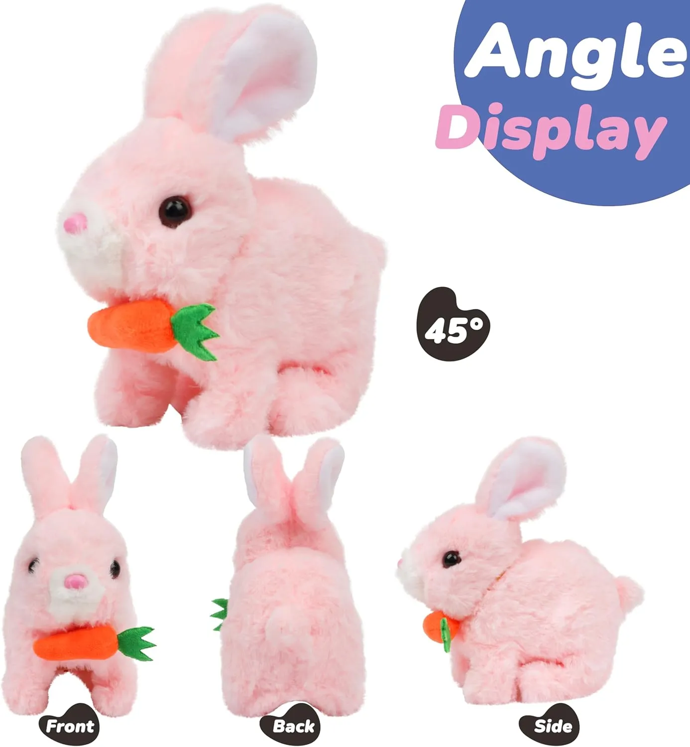 Hopearl Hopping Rabbit with Carrot Interactive Electronic Pet Plush Bunny Toy with Sounds and Movements Animated Walking Wiggle Ears Twitch Nose Gift for Toddlers Birthday, Pink, 7''