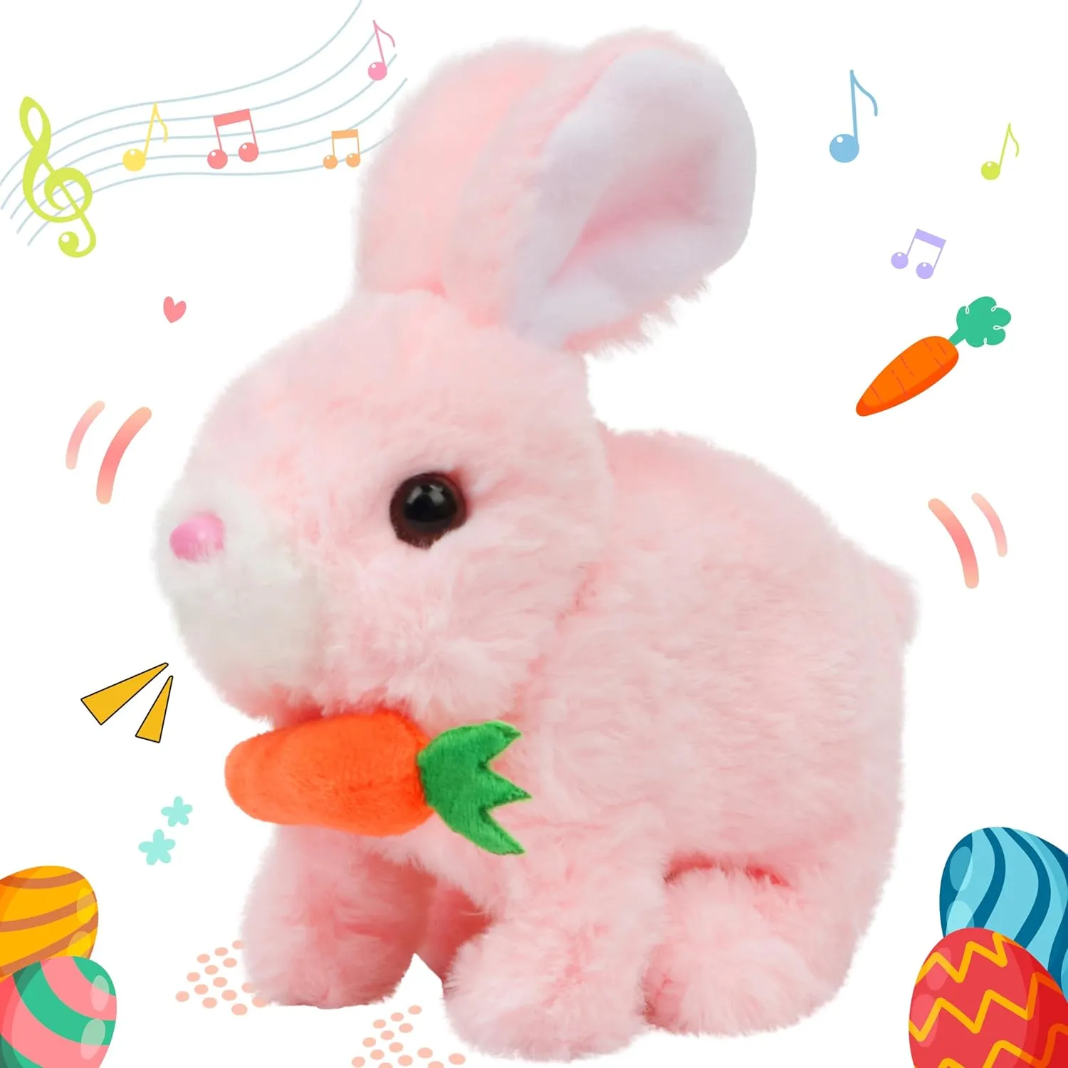 Hopearl Hopping Rabbit with Carrot Interactive Electronic Pet Plush Bunny Toy with Sounds and Movements Animated Walking Wiggle Ears Twitch Nose Gift for Toddlers Birthday, Pink, 7''