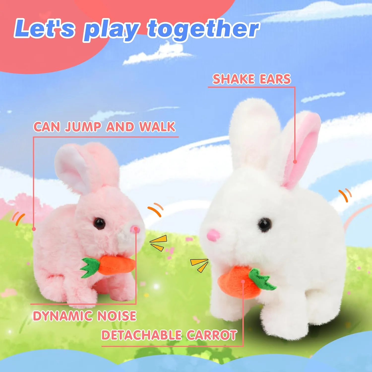 Hopearl Hopping Rabbit with Carrot Interactive Electronic Pet Plush Bunny Toy with Sounds and Movements Animated Walking Wiggle Ears Twitch Nose Gift for Toddlers Birthday, Pink, 7''