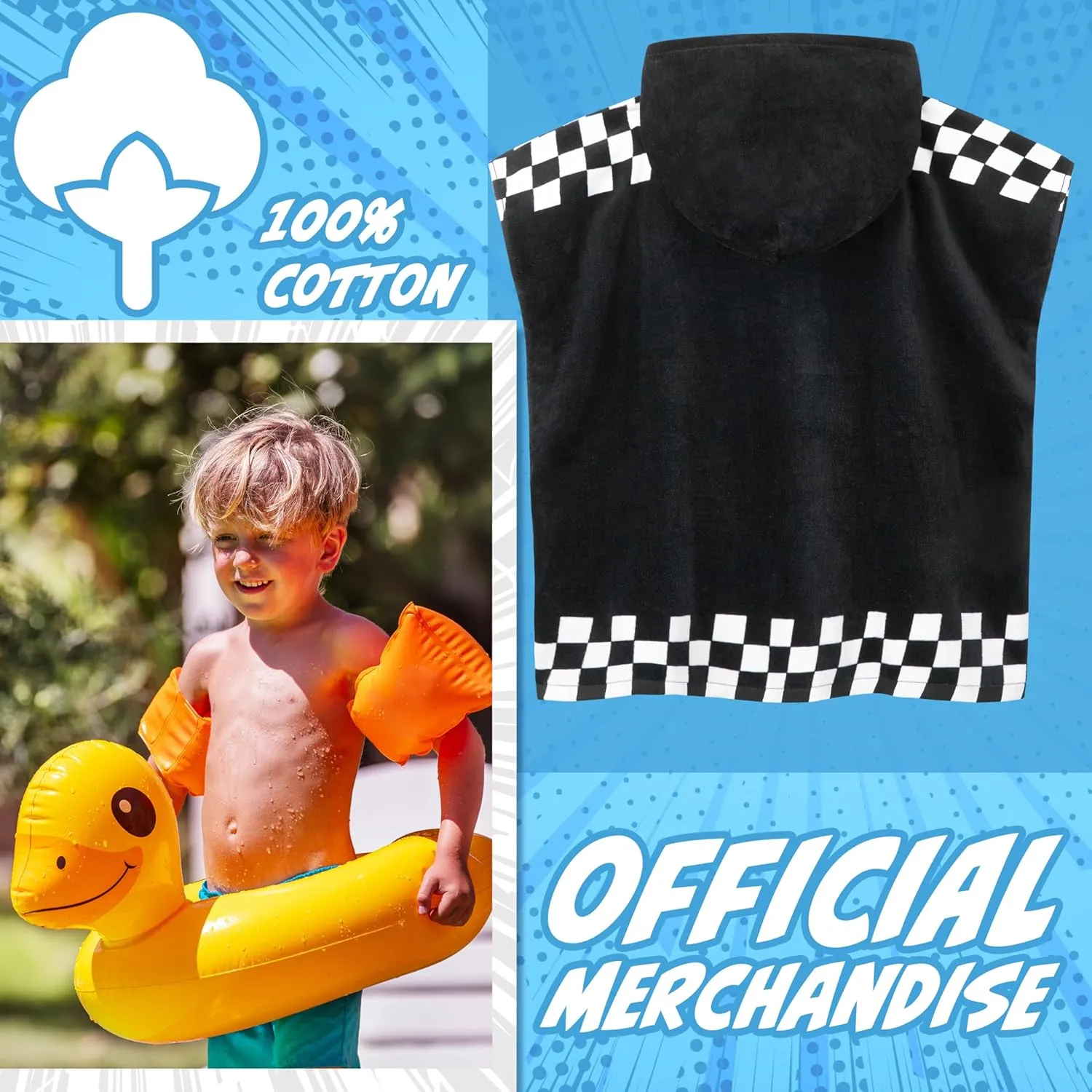 Hot Wheels Towels for Kids Hooded Bath Towel Poncho Absorbent Pool Beach Shower Cotton Swim Towel Travel Essentials (Black Hot Wheels, 4-9 Years)