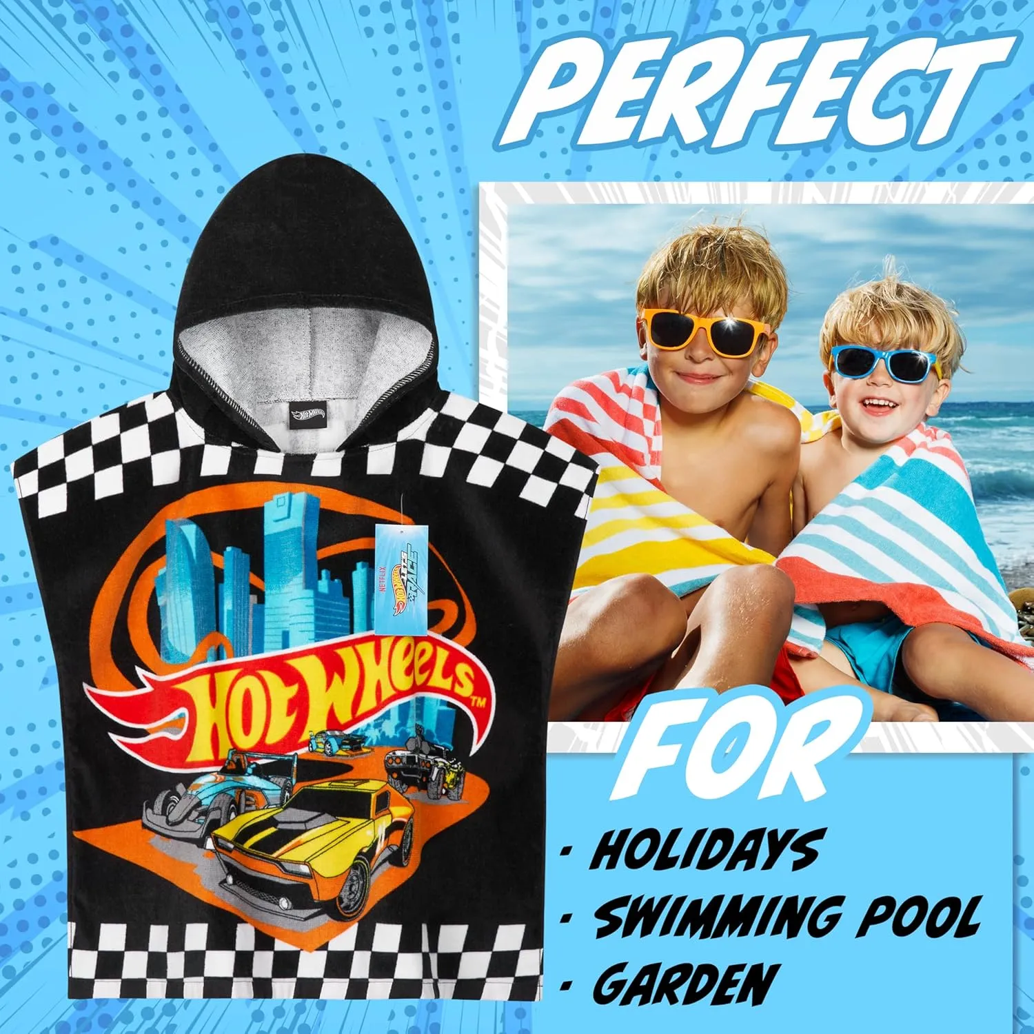 Hot Wheels Towels for Kids Hooded Bath Towel Poncho Absorbent Pool Beach Shower Cotton Swim Towel Travel Essentials (Black Hot Wheels, 4-9 Years)