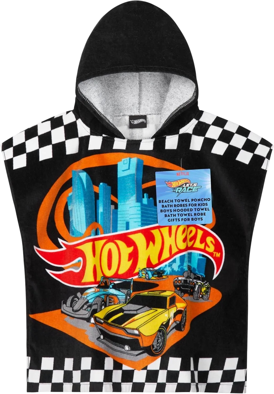 Hot Wheels Towels for Kids Hooded Bath Towel Poncho Absorbent Pool Beach Shower Cotton Swim Towel Travel Essentials (Black Hot Wheels, 4-9 Years)
