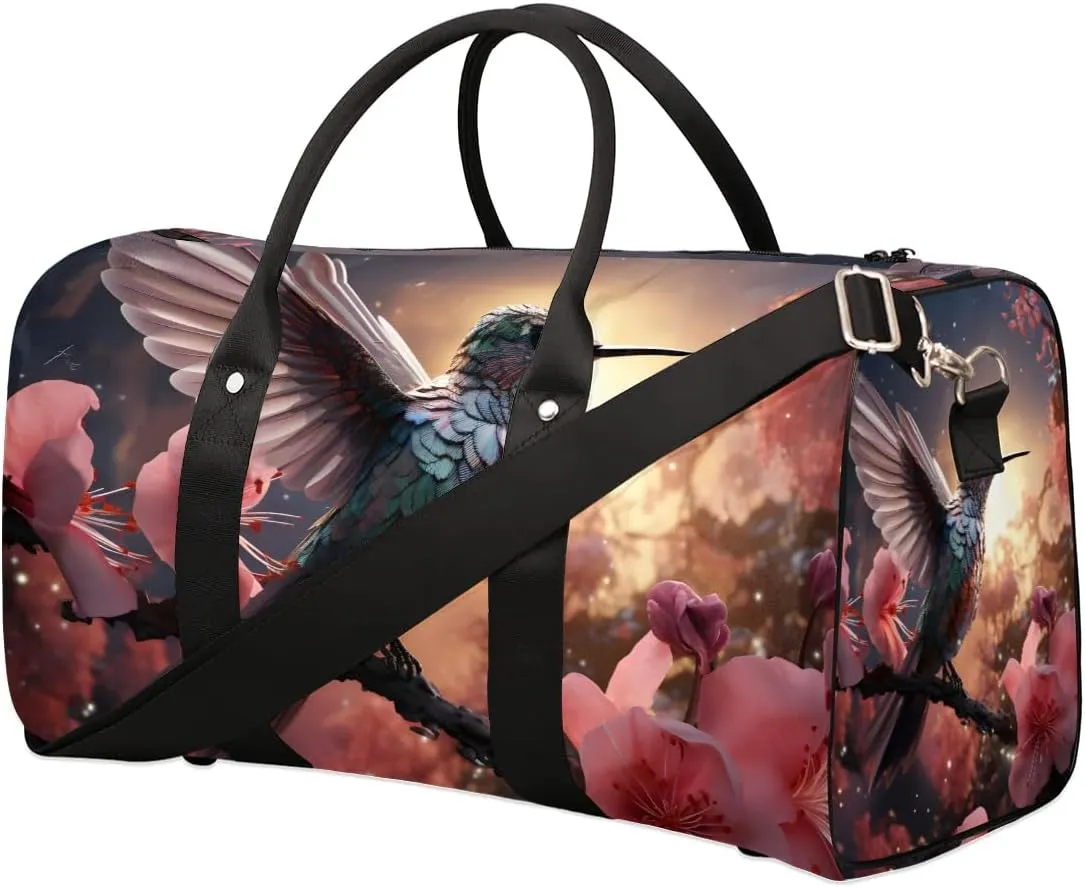 Hummingbird Flower Travel Duffel Bag for Women Men Waterproof Foldable Overnight Weekender Bag Large Capacity Sports Gym Bag