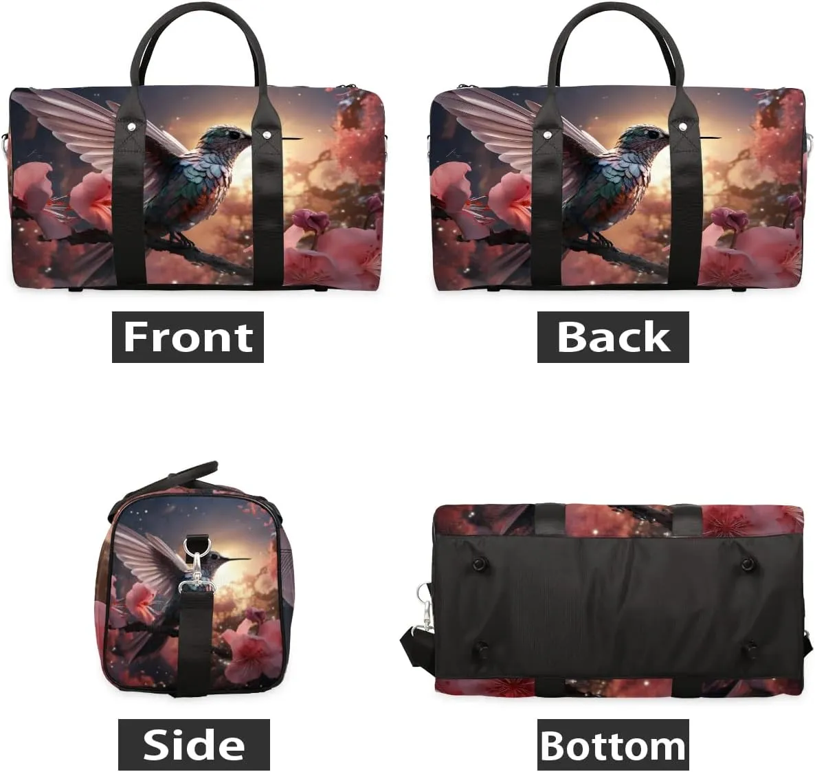 Hummingbird Flower Travel Duffel Bag for Women Men Waterproof Foldable Overnight Weekender Bag Large Capacity Sports Gym Bag