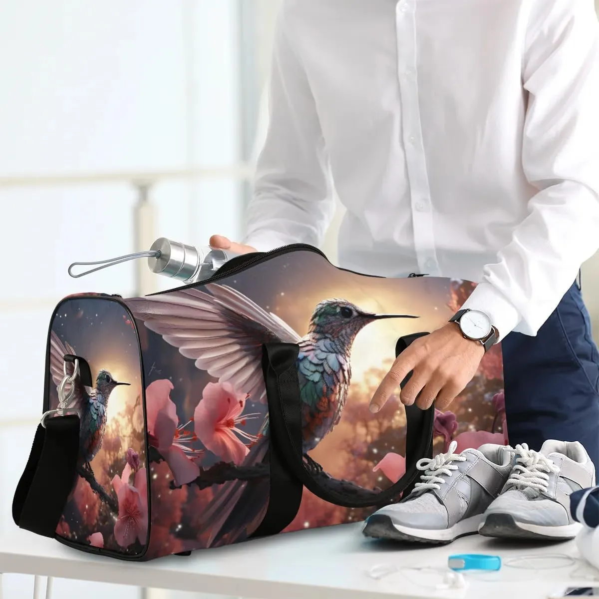 Hummingbird Flower Travel Duffel Bag for Women Men Waterproof Foldable Overnight Weekender Bag Large Capacity Sports Gym Bag