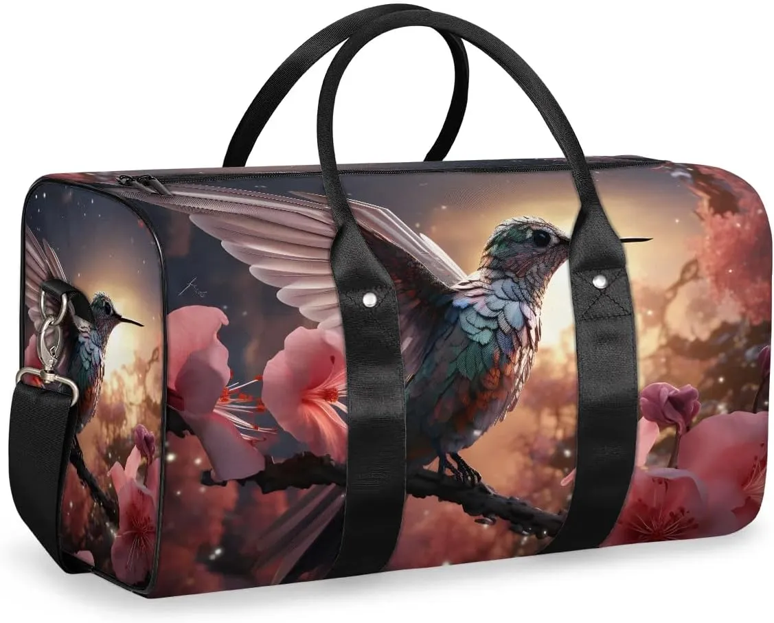 Hummingbird Flower Travel Duffel Bag for Women Men Waterproof Foldable Overnight Weekender Bag Large Capacity Sports Gym Bag