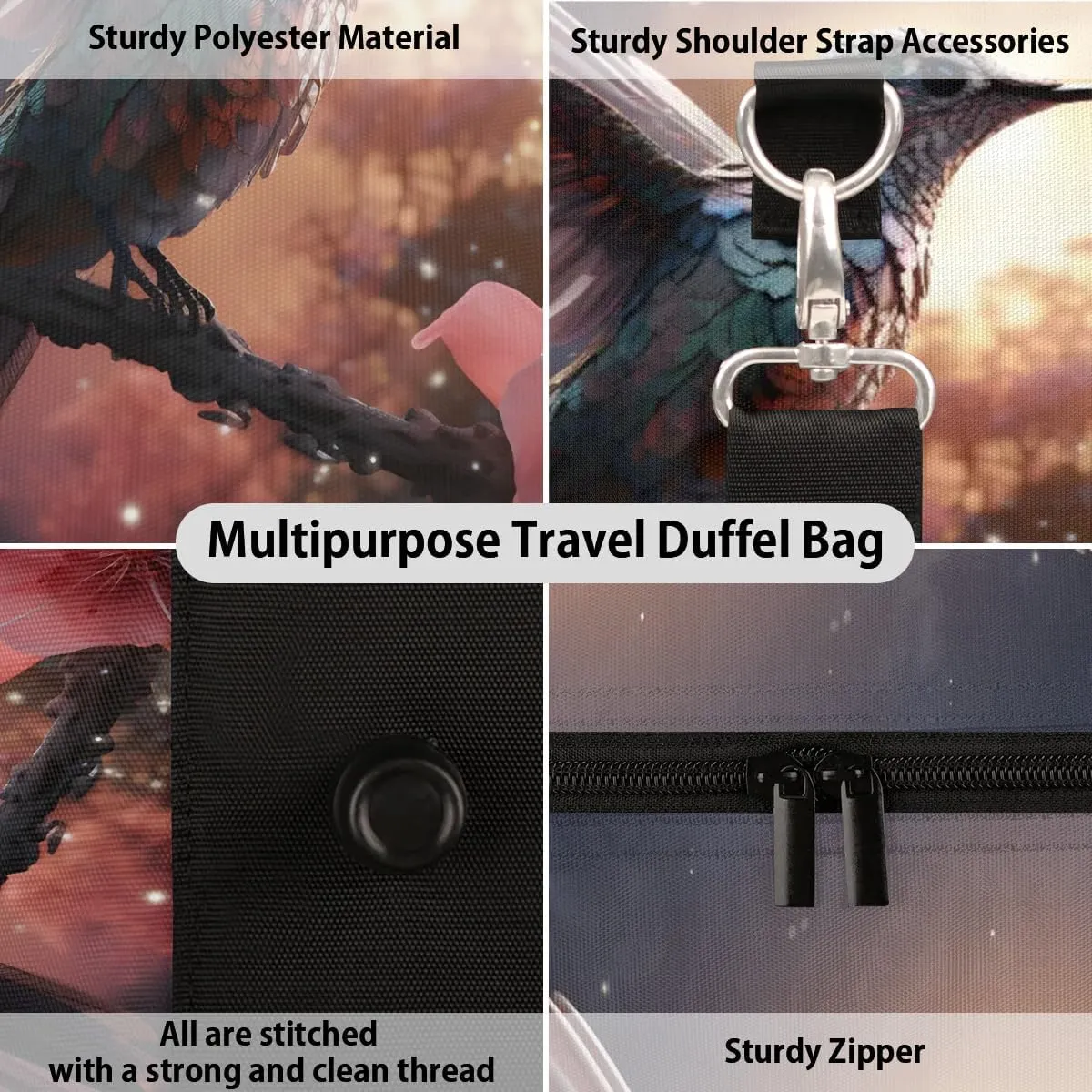 Hummingbird Flower Travel Duffel Bag for Women Men Waterproof Foldable Overnight Weekender Bag Large Capacity Sports Gym Bag