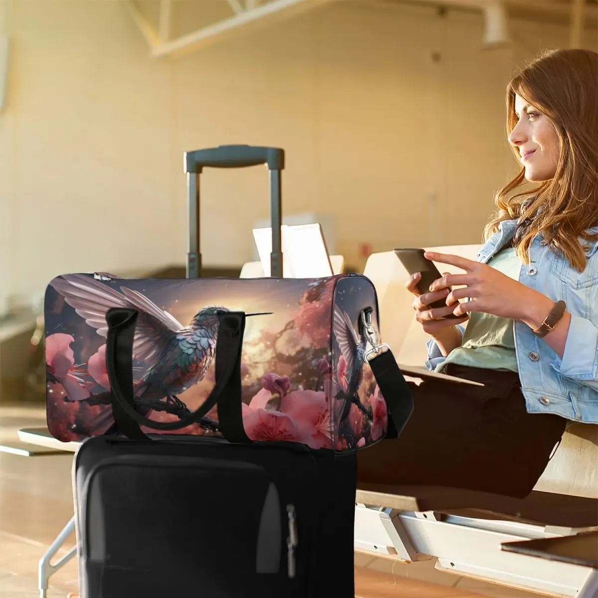 Hummingbird Flower Travel Duffel Bag for Women Men Waterproof Foldable Overnight Weekender Bag Large Capacity Sports Gym Bag