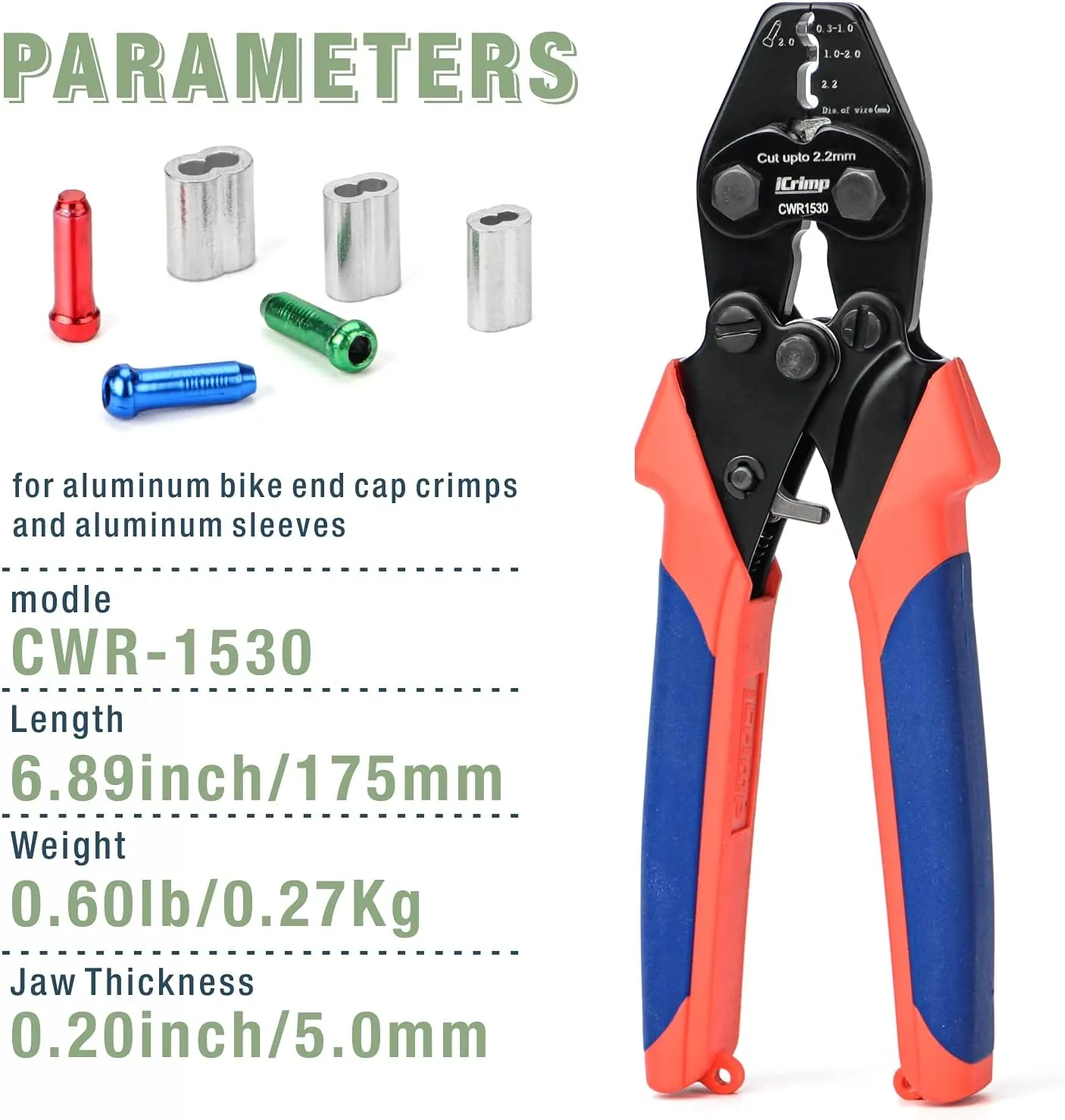 iCrimp CWR1530 Bicycle Cable and Housing Crimper with Built-in Cutter for Bike Brake and Shifting Cables, Aluminum Sleeves