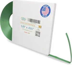 IDL Packaging 5/8" x .035" x 200' Mini Polyester (PET) Strapping Coil, 1400 lbs Breaking Strength, Green - UV, Water and Rust Resistance - Flexible and Strong Packaging Banding - Reduced Handling Cost