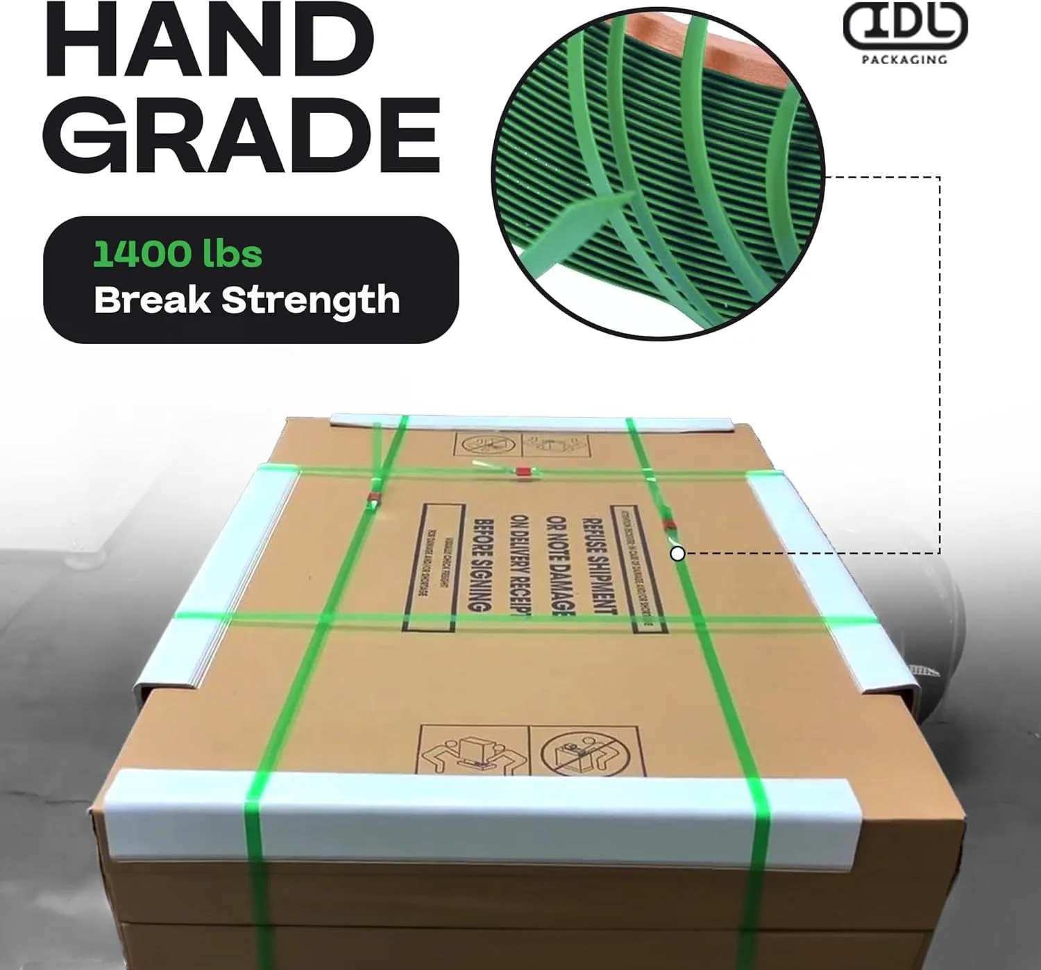 IDL Packaging 5/8" x .035" x 200' Mini Polyester (PET) Strapping Coil, 1400 lbs Breaking Strength, Green - UV, Water and Rust Resistance - Flexible and Strong Packaging Banding - Reduced Handling Cost