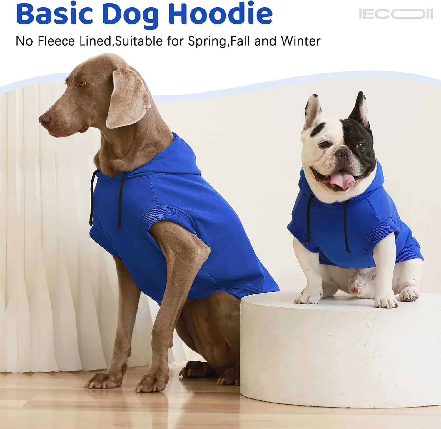 IECOii Large Dog Hoodie,Large Dog Sweater with Hood,Breathable Hooded Sweatshirt for Dogs,Pet Sweatshirt Outfit for Dogs Boy and Girl, Dachshund,French Bulldog Hooded Clothes,Blue,L(No Fleece Lined)