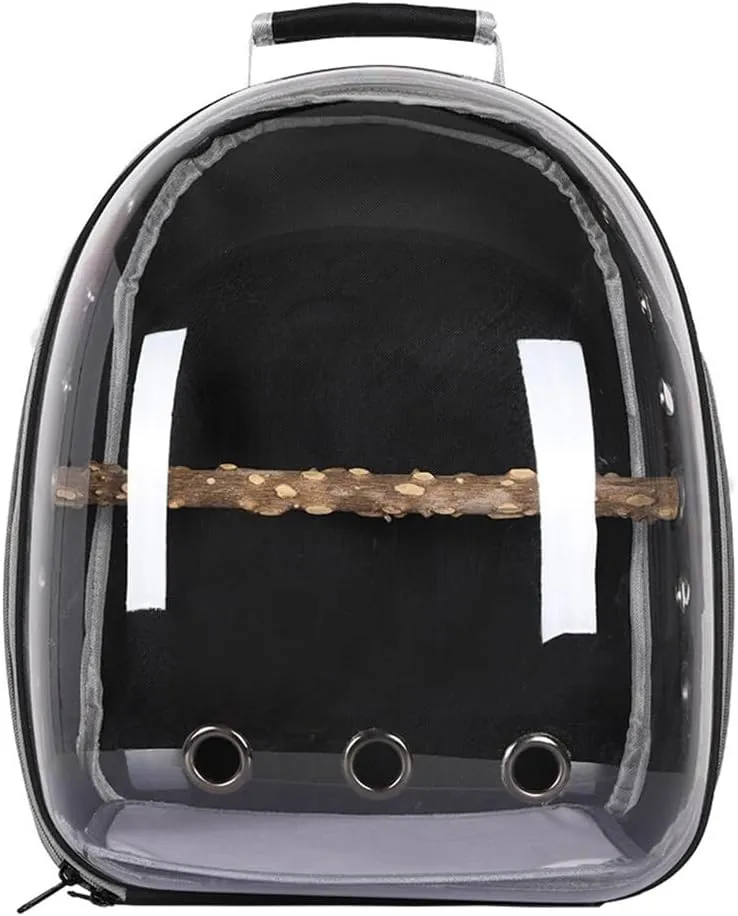 ikasus Bird Carrier Backpack Transparent Pet Birds Carrier Shoulders Bag Parrot Cage Backpack with Wooden Perch Breathable Backpack for Parrots Magpies Outing Travel Black