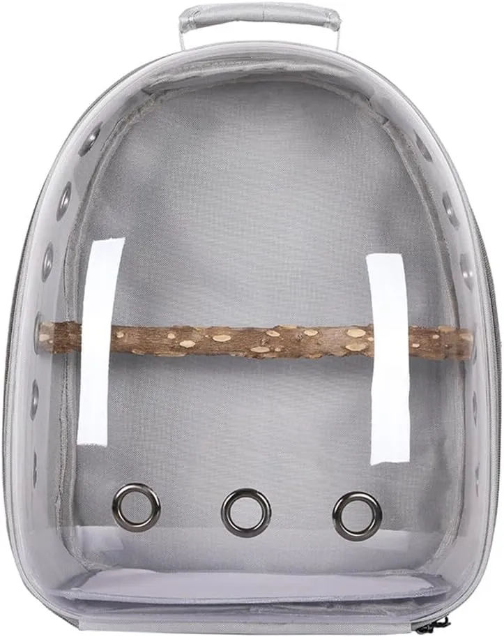 ikasus Bird Carrier Backpack Transparent Pet Birds Carrier Shoulders Bag Parrot Cage Backpack with Wooden Perch Breathable Backpack for Parrots Magpies Outing Travel Gray