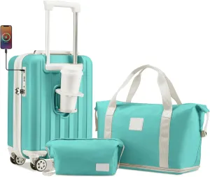 imiomo 3 Piece Carry on Luggage 18 Inch Suitcases with Wheels, Expandable with USB Port and Cup Holder, Hardside Travel Checked Set with TSA Lock Green
