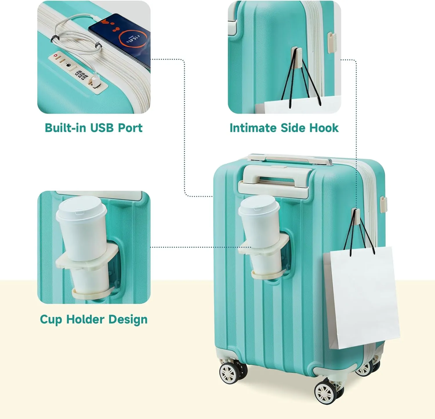imiomo 3 Piece Carry on Luggage 18 Inch Suitcases with Wheels, Expandable with USB Port and Cup Holder, Hardside Travel Checked Set with TSA Lock Green