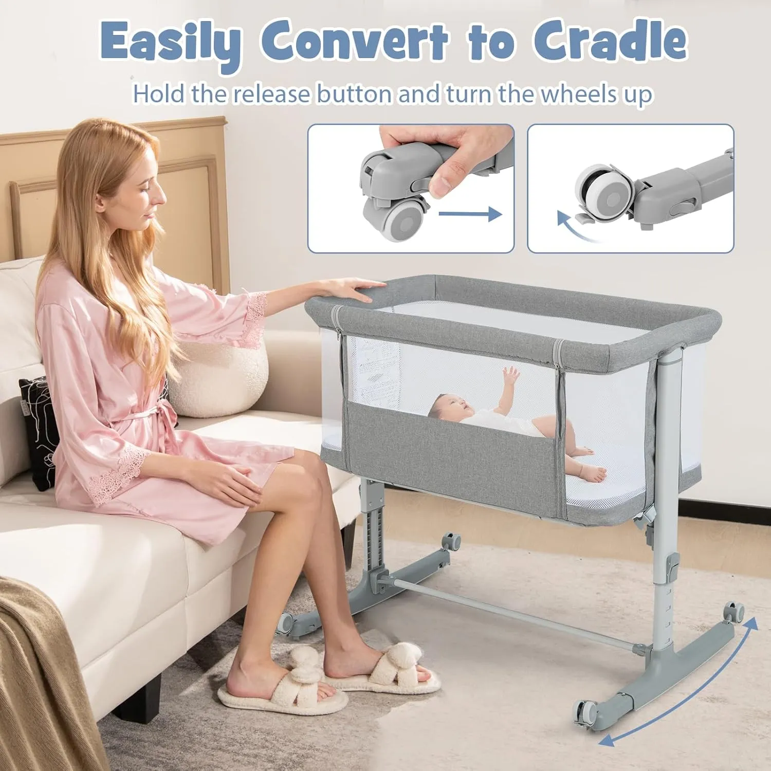 INFANS 3 in 1 Baby Bassinet, Bedside Sleeper for Newborn, Folding Crib with Mattress, Travel Bag, Wheels, 4-Sided Mesh, Easy to Assemble Cradle Co Sleeper Stationary, Rock (Light Grey)