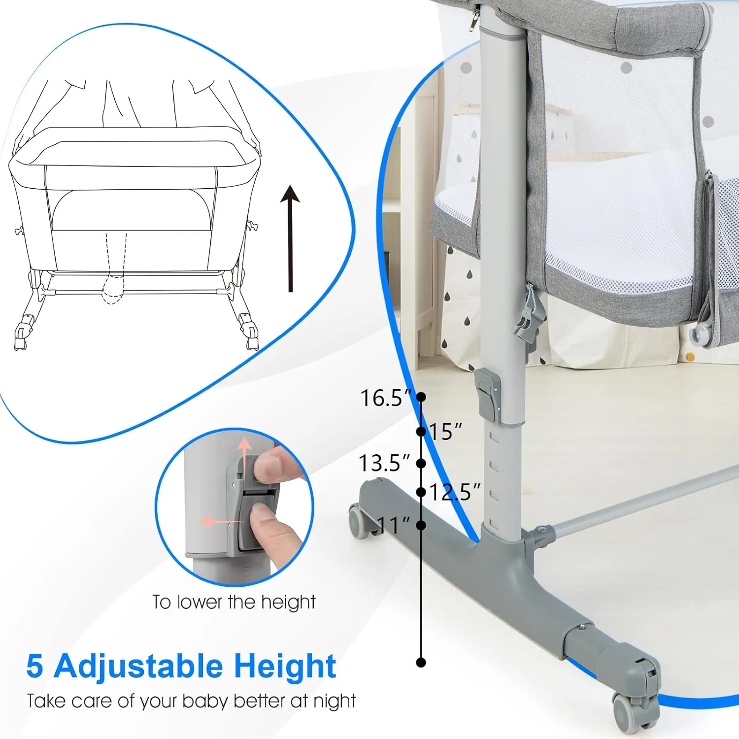 INFANS 3 in 1 Baby Bassinet, Bedside Sleeper for Newborn, Folding Crib with Mattress, Travel Bag, Wheels, 4-Sided Mesh, Easy to Assemble Cradle Co Sleeper Stationary, Rock (Light Grey)