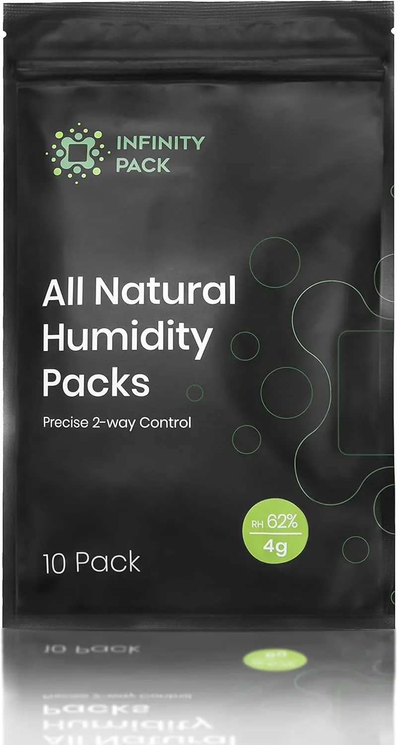 Infinity Pack 2 Way Humidity Control Pack - Preserve Flavor & Control Humidity at 62% RH - Airtight Smell Proof Patented Moisture Absorber for 14g Herbs, Spices, Coffee/w Resealable Bag - Pack of 10