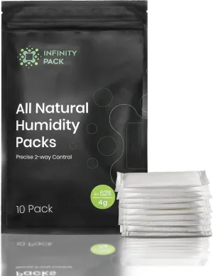 Infinity Pack 2 Way Humidity Control Pack - Preserve Flavor & Control Humidity at 62% RH - Airtight Smell Proof Patented Moisture Absorber for 14g Herbs, Spices, Coffee/w Resealable Bag - Pack of 10