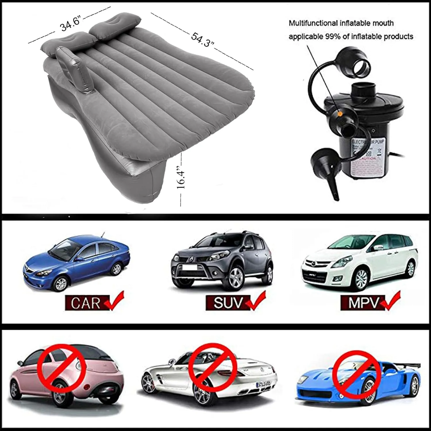 Inflatable Car Air Mattress Back Seat Bed with Air Pump,Portable Thickened Car Travel Camping Sleeping Air Mattress Blow Up Bed for Car Universal SUV