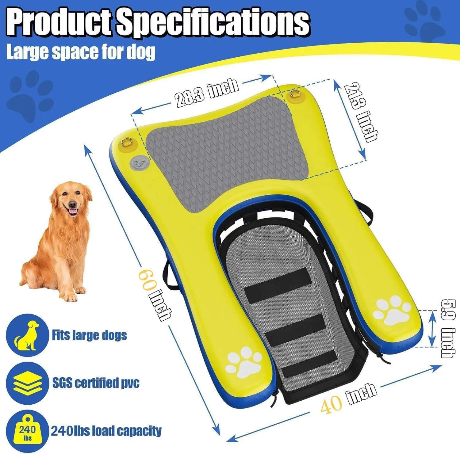 Inflatable Dog Pool Ramp Floats for Large Dogs Up to 240 lbs, 60"x 40" Dog Water Boat Ramp Ladder with Non Slip Step | Heavy Duty Dogs Dock for Inground Above Ground Pool, Lake, River