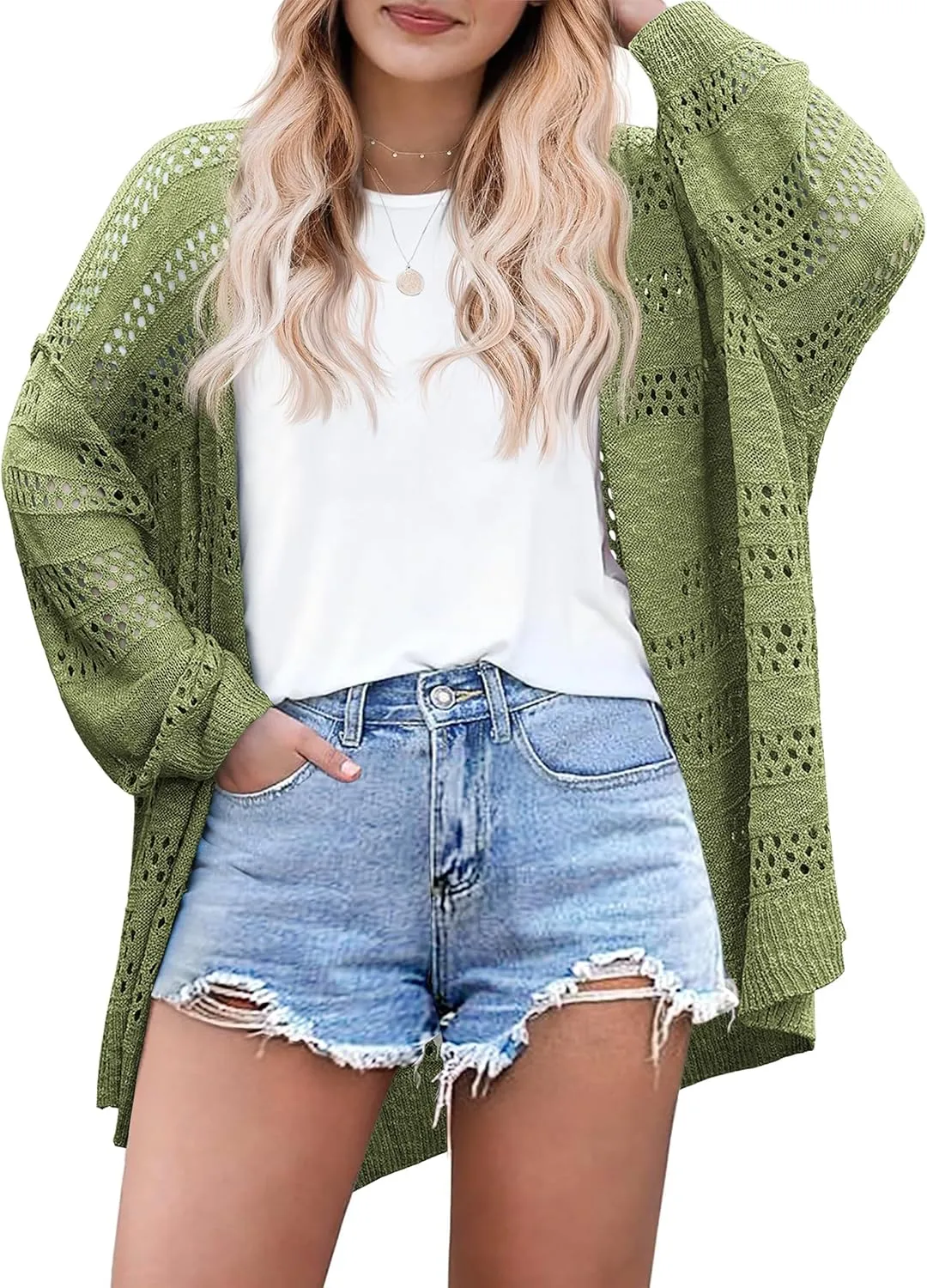 IN'VOLAND Plus Size Lightweight Summer Cardigan for Women Spring Netted Crochet Knit Cardigans Sweaters 20W Army Green