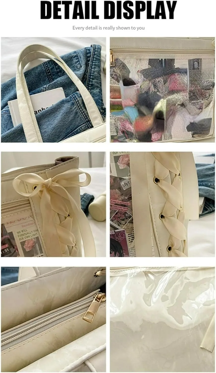 Ita Bag, Cute Bag, Kawaii Large Capacity Transparent Tote with Ribbon Bow