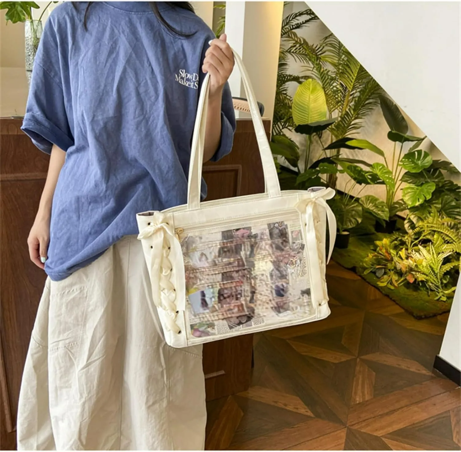 Ita Bag, Cute Bag, Kawaii Large Capacity Transparent Tote with Ribbon Bow