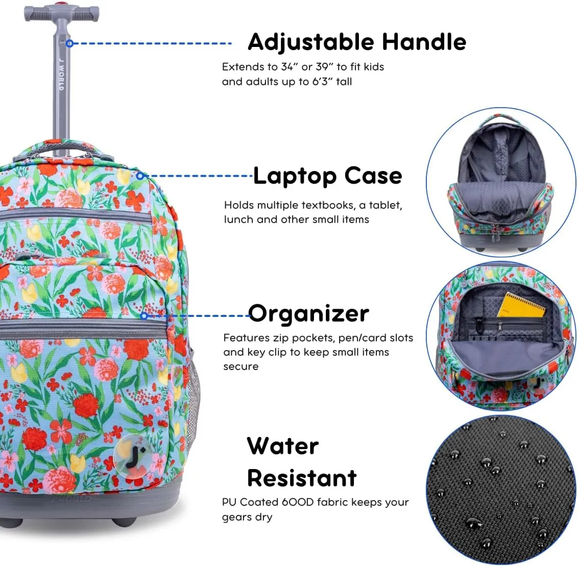J World New York Sundance Rolling Backpack Girl Boy Roller Bookbag, Flora, 20 Inch