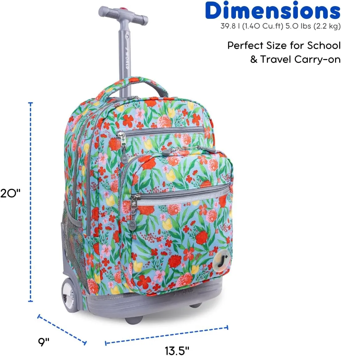 J World New York Sundance Rolling Backpack Girl Boy Roller Bookbag, Flora, 20 Inch