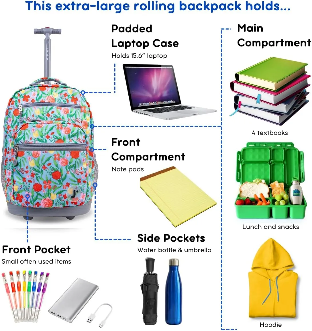 J World New York Sundance Rolling Backpack Girl Boy Roller Bookbag, Flora, 20 Inch