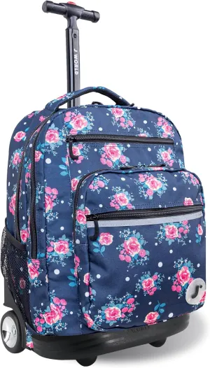 J World New York Sundance Rolling Backpack Girl Boy Roller Bookbag, Navy Rose, 20 Inch