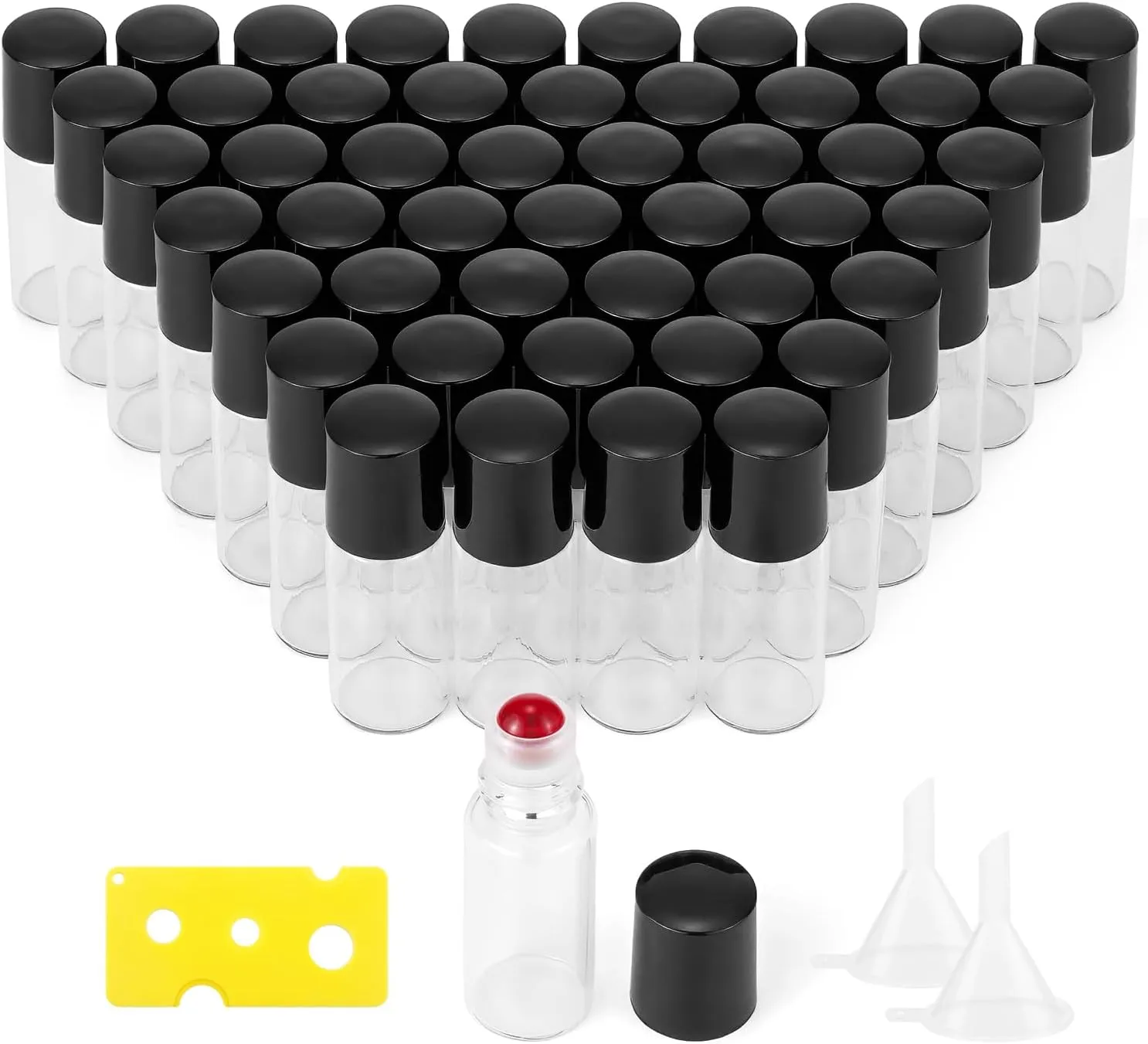 JIUWU 3ml Essential Oil Roller Bottles, 50Pcs Perfume Liuqid Sample Bottles Vials, Clear Refillable Roll on Bottles Rollerball Bottles Vials Tubes with 1 Openr 2 Funnels, Red