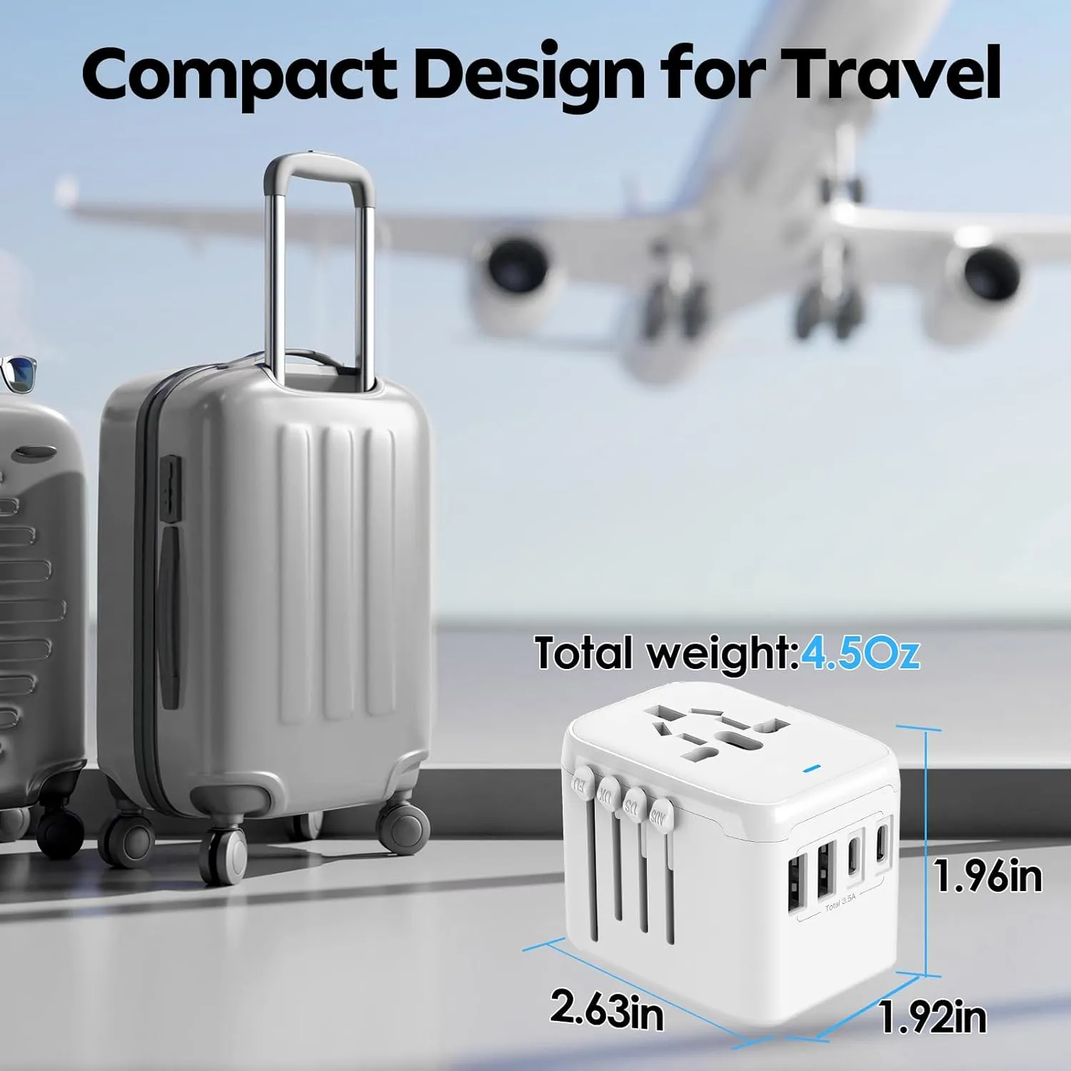 JMFONE International Power Plug Adapter, Universal Travel Adapter with 2 USB-C & 2 USB-A Ports and Multi AC Sockets, All-in-One Worldwide Travel Outlet Charger Adapter for EU US UK AU 200  Countries