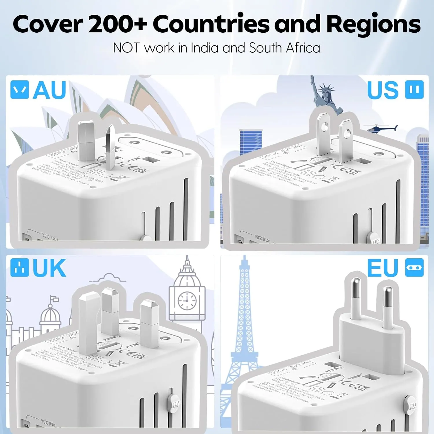 JMFONE International Power Plug Adapter, Universal Travel Adapter with 2 USB-C & 2 USB-A Ports and Multi AC Sockets, All-in-One Worldwide Travel Outlet Charger Adapter for EU US UK AU 200  Countries