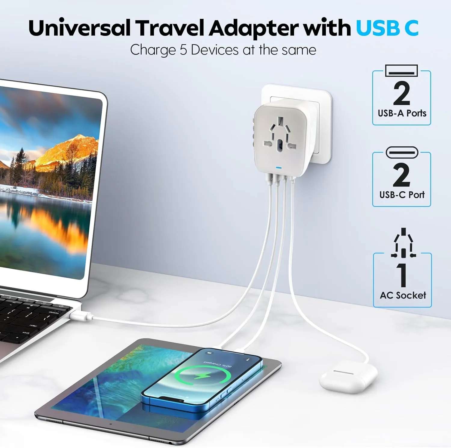 JMFONE International Power Plug Adapter, Universal Travel Adapter with 2 USB-C & 2 USB-A Ports and Multi AC Sockets, All-in-One Worldwide Travel Outlet Charger Adapter for EU US UK AU 200  Countries
