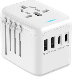 JMFONE International Power Plug Adapter, Universal Travel Adapter with 2 USB-C & 2 USB-A Ports and Multi AC Sockets, All-in-One Worldwide Travel Outlet Charger Adapter for EU US UK AU 200  Countries