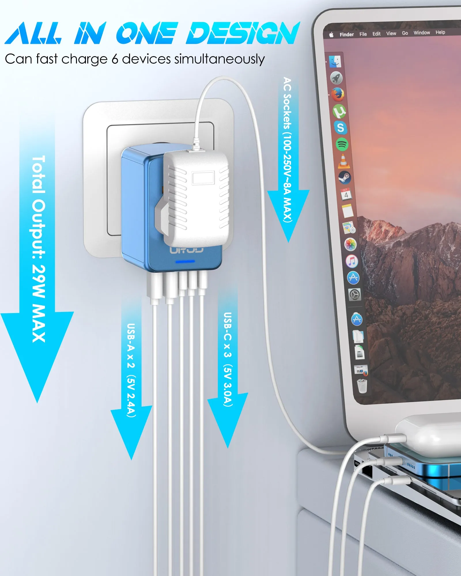JMFONE-URJD Universal Travel Adapter Offers 5.8A 3X 3.0A USB-C Ports, 2X 2.4A USB-A Ports and Multi AC Outlet, All-in-One International Power Plug Adaptor Worldwide Charger for EU US UK AU 200  Countries（Blue）