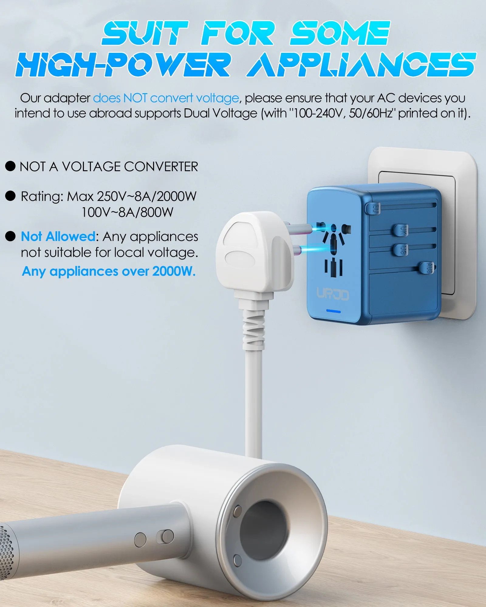JMFONE-URJD Universal Travel Adapter Offers 5.8A 3X 3.0A USB-C Ports, 2X 2.4A USB-A Ports and Multi AC Outlet, All-in-One International Power Plug Adaptor Worldwide Charger for EU US UK AU 200  Countries（Blue）